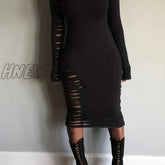 Hnewly Cut Out Bodycon Dress Sexy Crew Neck Long Sleeve Women’s Clothing Black / S(4)